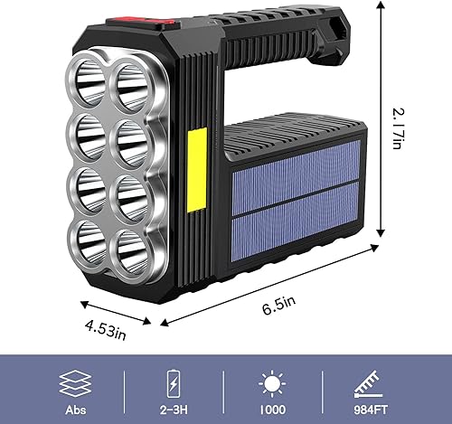 Miniatura 6 de Linterna solar recargable de mano de 8 LED con luz lateral COB, reflector de 3 modos de luz de alta luz, proyector portátil ligero impermeable para