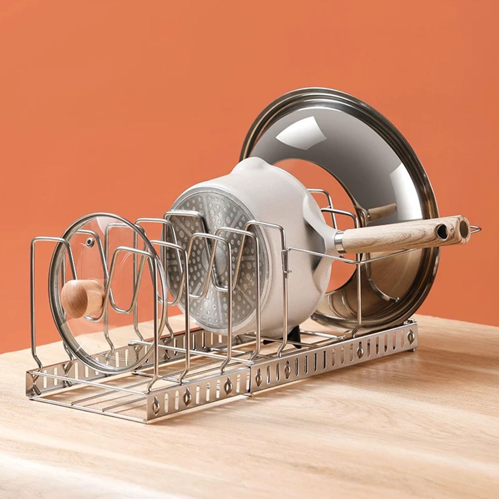 Erweiterbarer Stahl-Topfdeckelhalter, Upgrades für multifunktionale Küchenorganisation, einfache Halterungen und platzsparende Nutzung