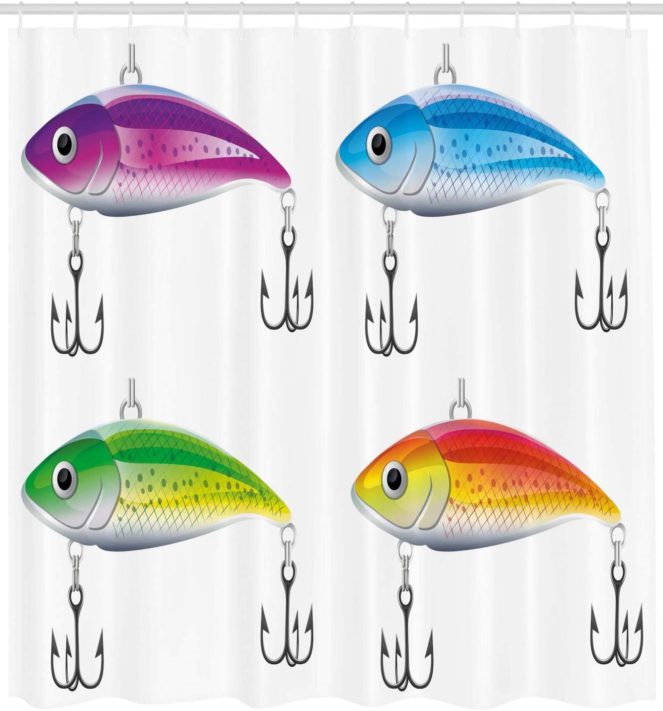 Ambesonne Fishing Shower Curtain, Composition of Fishing Lures in Trout Shape Trap for Sea Mammals Creatures Picture, Cloth Fabric Bathroom Decor Set with Hooks, 69" W x 84" L, Multicolor