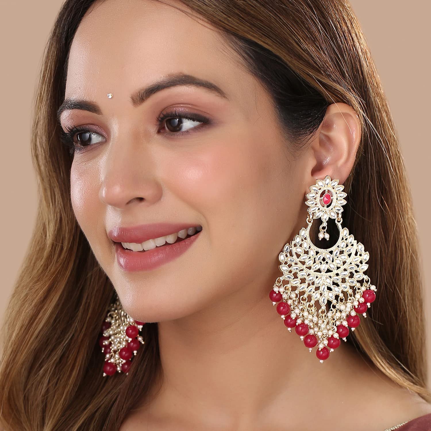 Kundan Chandbali Earrings for Women - Gold Plated Beads Drop