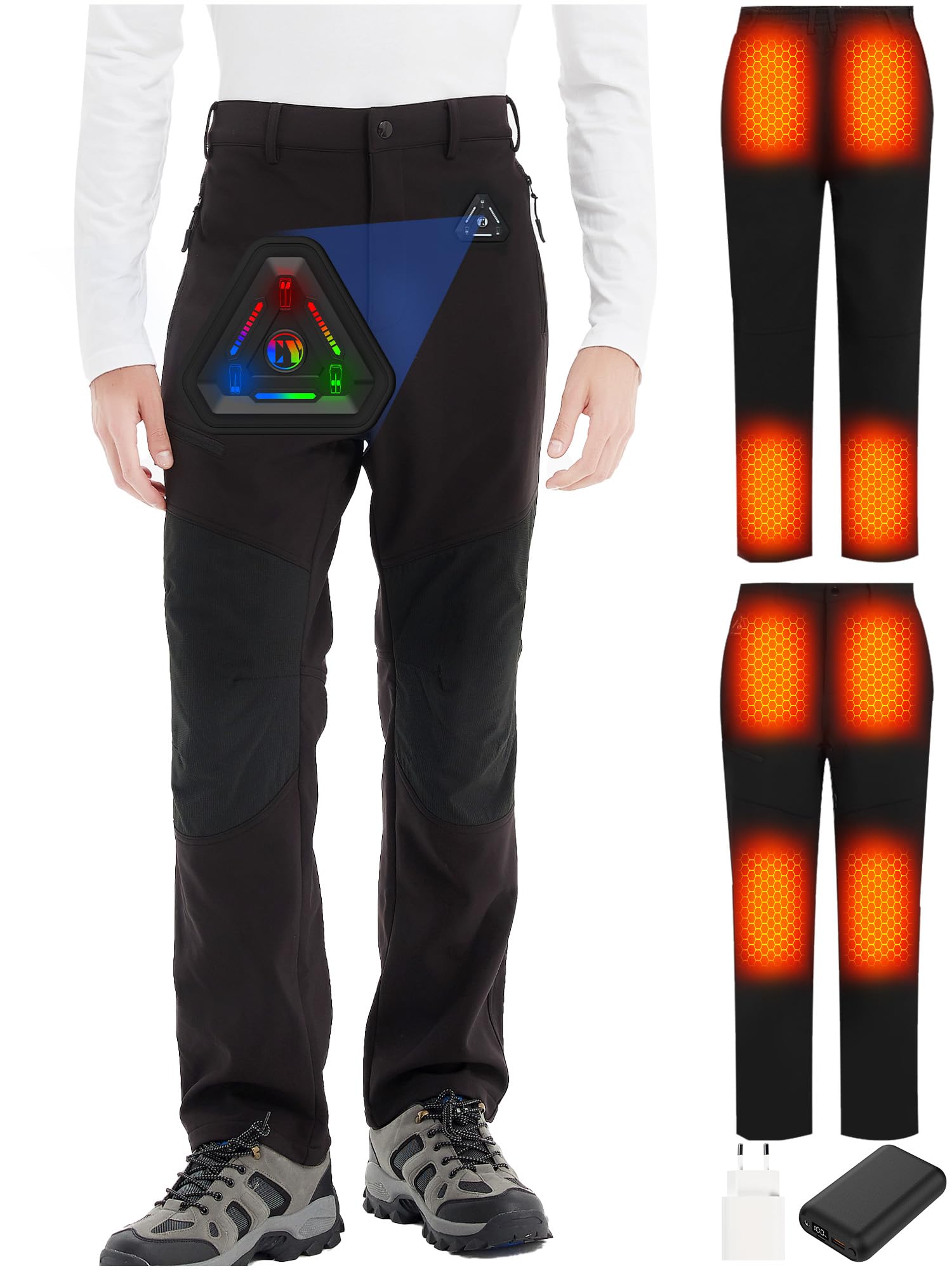 Pantalon Chauffant Femme & Homme avec Batterie 7,4V 20000mAh et Commande 4-en-1 – Pantalon Thermique Imperméable ave (FR/ES, Alpha/Lettres, S, Taille Normale, Taille Normale, 20 000 mAh – Noir)