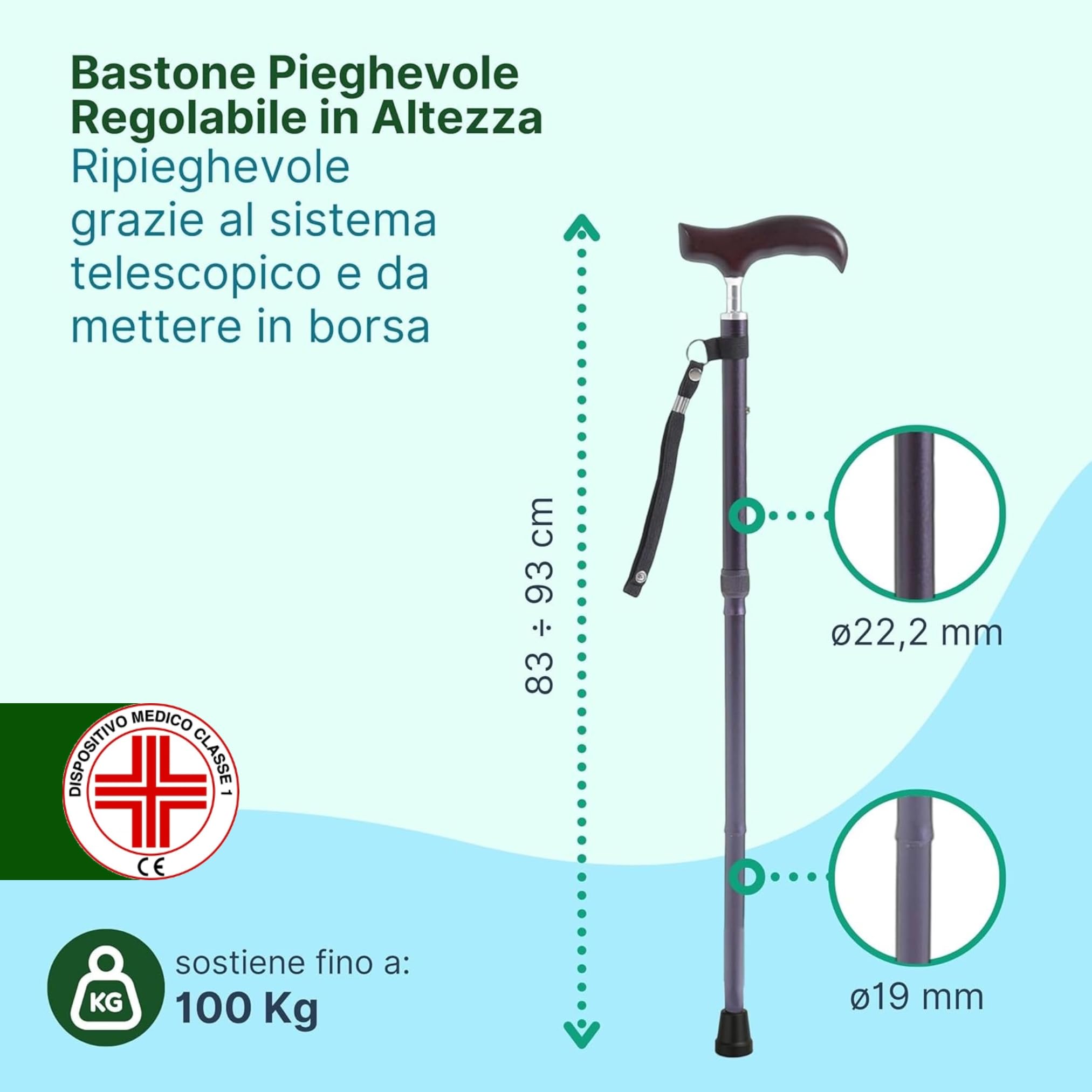 Bastone per Anziani Pieghevole in Alluminio Anodizzato con Impugnatura in Legno, Bastone da Passeggio Regolabile H. 83-93 cm - Nero