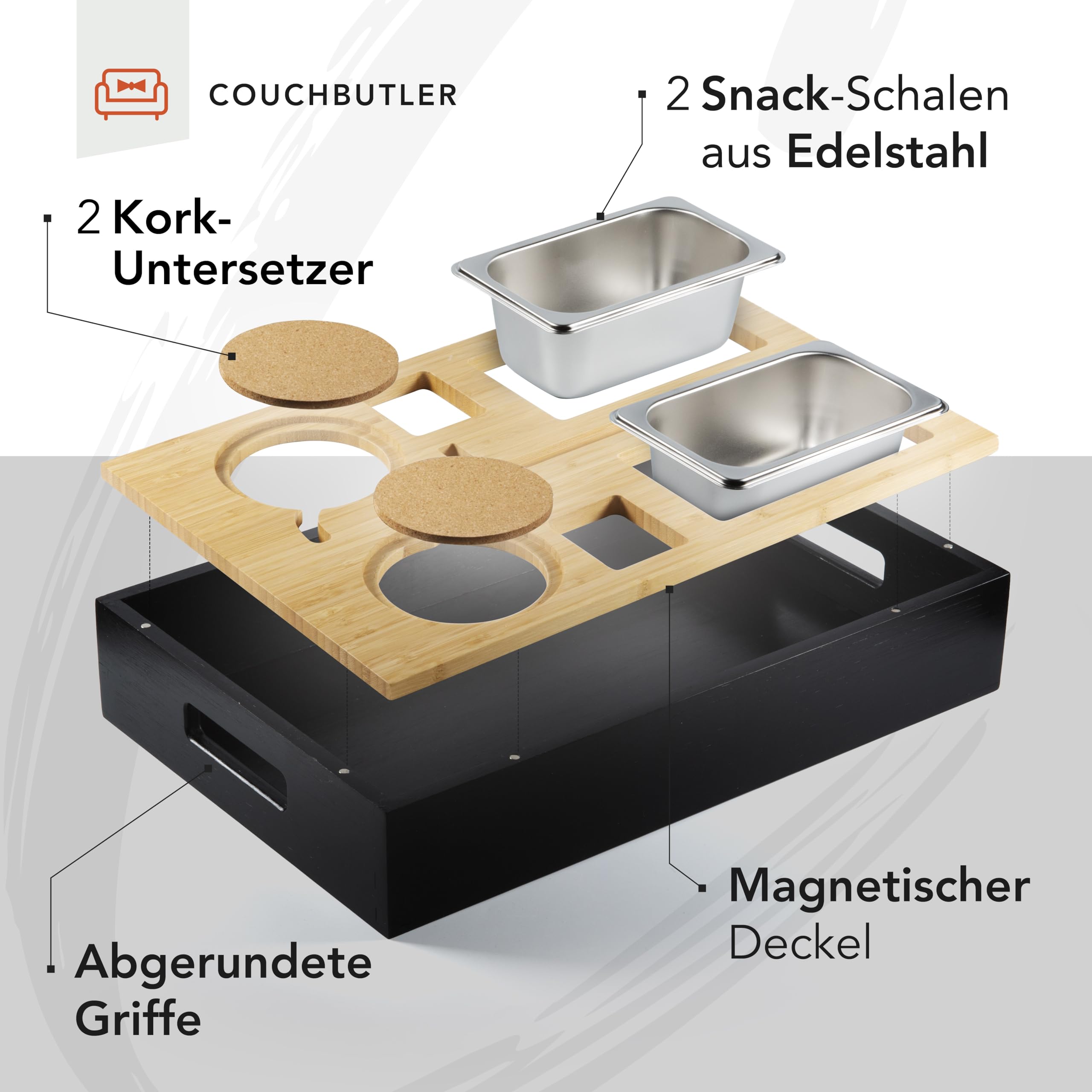 Couchbar Snackbox Personalisierbar aus Bambus inkl. Geschenkbox | Sofa Tablett mit 2 Snackschalen, 2 Getränkehalter mit Untersetzer, magnetischer Deckel, Handyhalterung (Schwarz, Ohne Gravur)