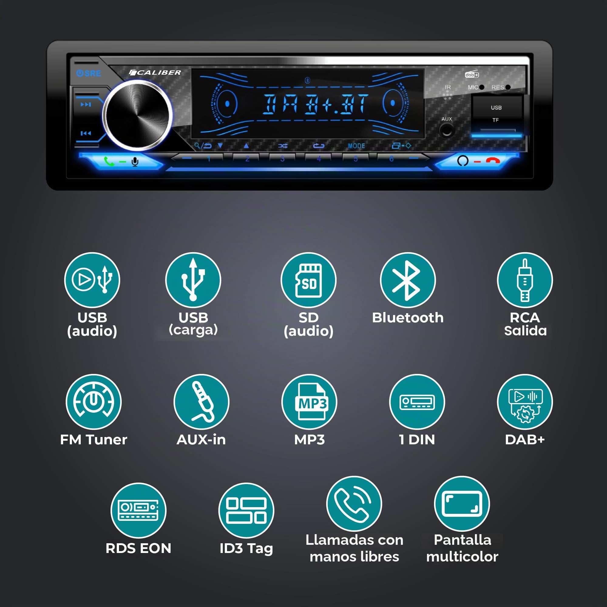 Caliber Radio Coche Bluetooth 1 DIN Dab+, Alta Potencia 4x100W, Autoradio Bluetooth Manos Libres y Micrófono, Efecto de Luz, USB/SD, Carga 2.1A, MP3, Mando a Distancia