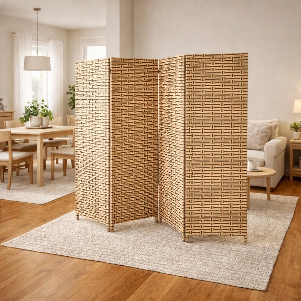 Vital 4-Panel Room Divider Folding Privacy Screen | Rattan Partition Wall for Bedroom Living Room Office | Portable Freestanding Divider Screen for Home & Studio(A8)|Light Brown