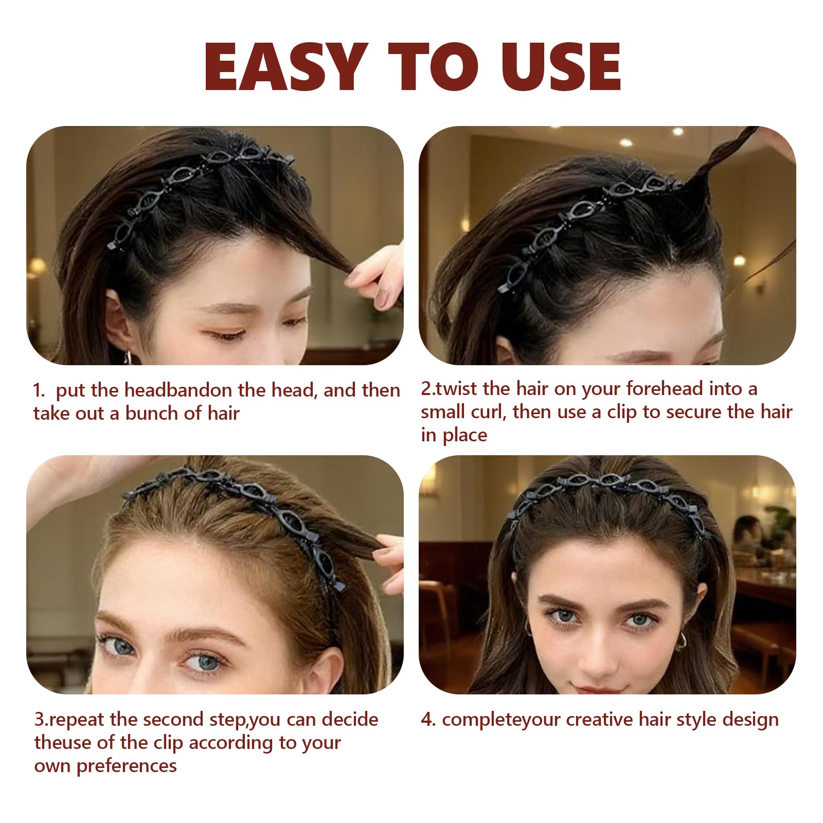 2 Cerchietti per Capelli con Fermagli, Forcina per Capelli a Doppia Frangia, Cerchietto con Clip a Forcina, Fermagli per Capello Intrecciati