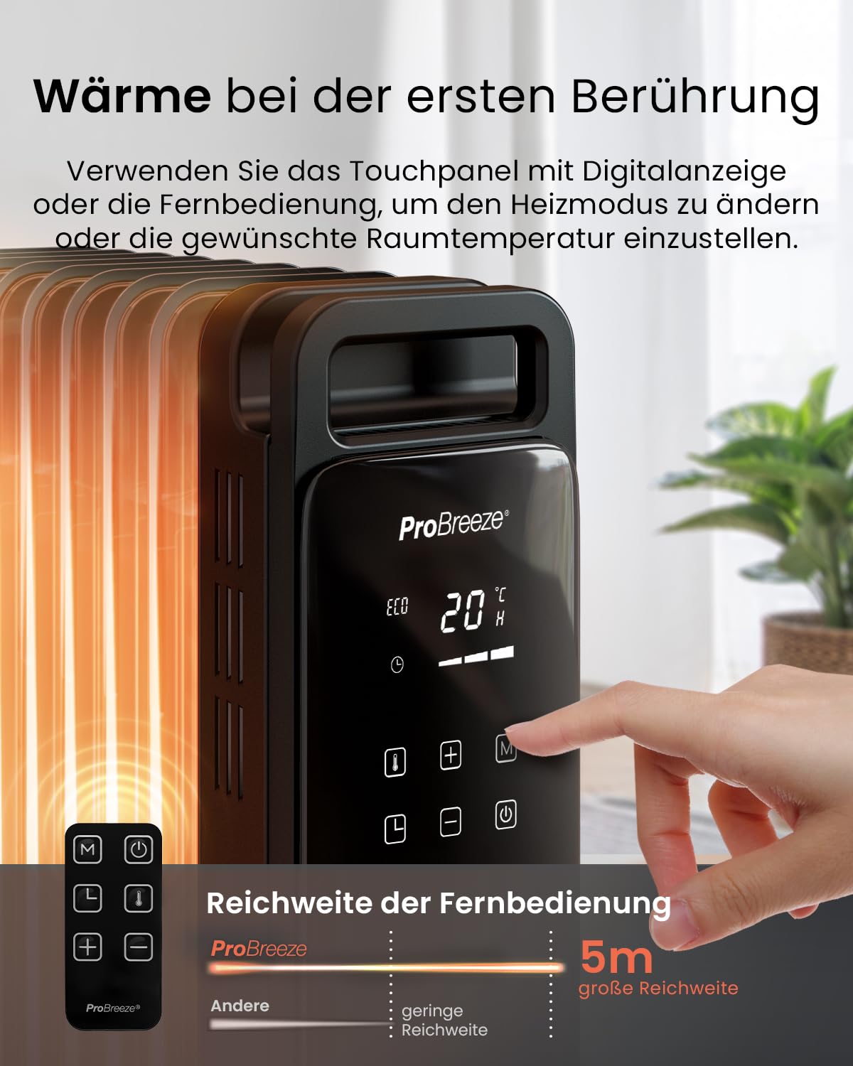 Pro Breeze 2500W Ölradiator mit 11 Lamellen, Smart Heizung elektrisch - Ölradiator energiesparend, 3 Heizstufen, Einstellbares Thermostat, WLAN, 24h Timer, Touch Display & Sicherheitsabschaltfunktion