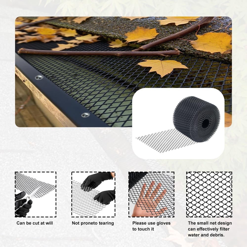 Gutter Guard 5 inchx100 Feet,Leaf Filter Gutter Protection Roll with Installation Screws and Stainless Steel Ties,Leaf Gutter Guards for gutters,Gutter Mesh for Leaves,Twigs,Branches Black