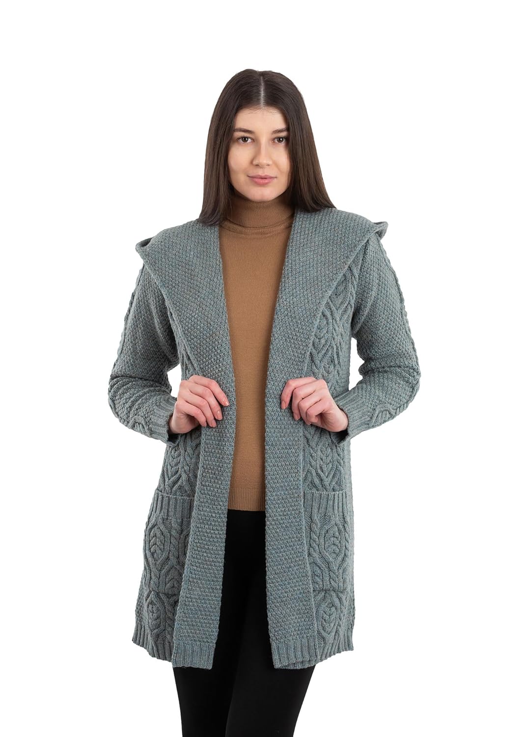 SAOL 100 Merino Wool Ladies Irish Classic Fit Long Cardigan with Hood