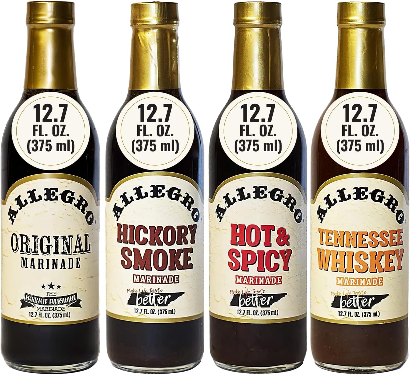 The Marinate Everything Marinades Variety Pack| Sauce for Meat & Veggies| Marinade for Grilling & Roasting| 12.7 Oz Each - (Pack of 4) Original, Hickory Smoke, Hot & Spicy, Tennessee Whiskey