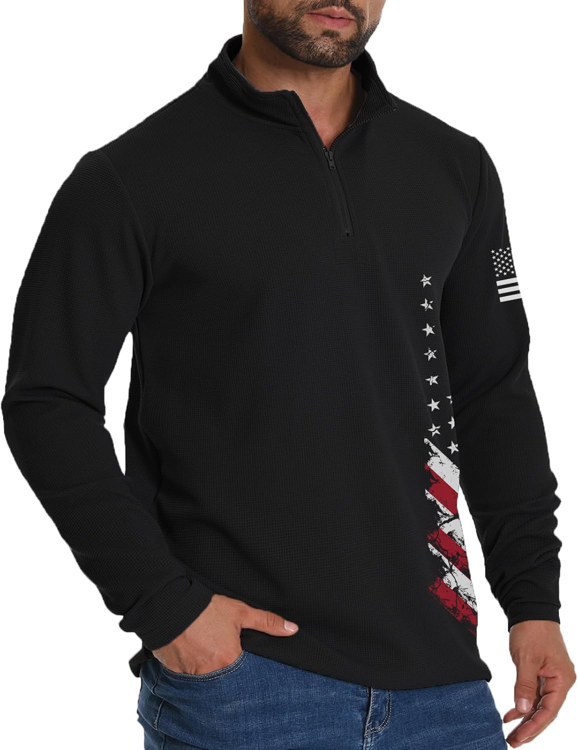 H HYFOL Mens Sweatshirt Waffle American Flag USA Patriotic Graphic Quarter Zip Stand Collar Casual Pullover - Image 3