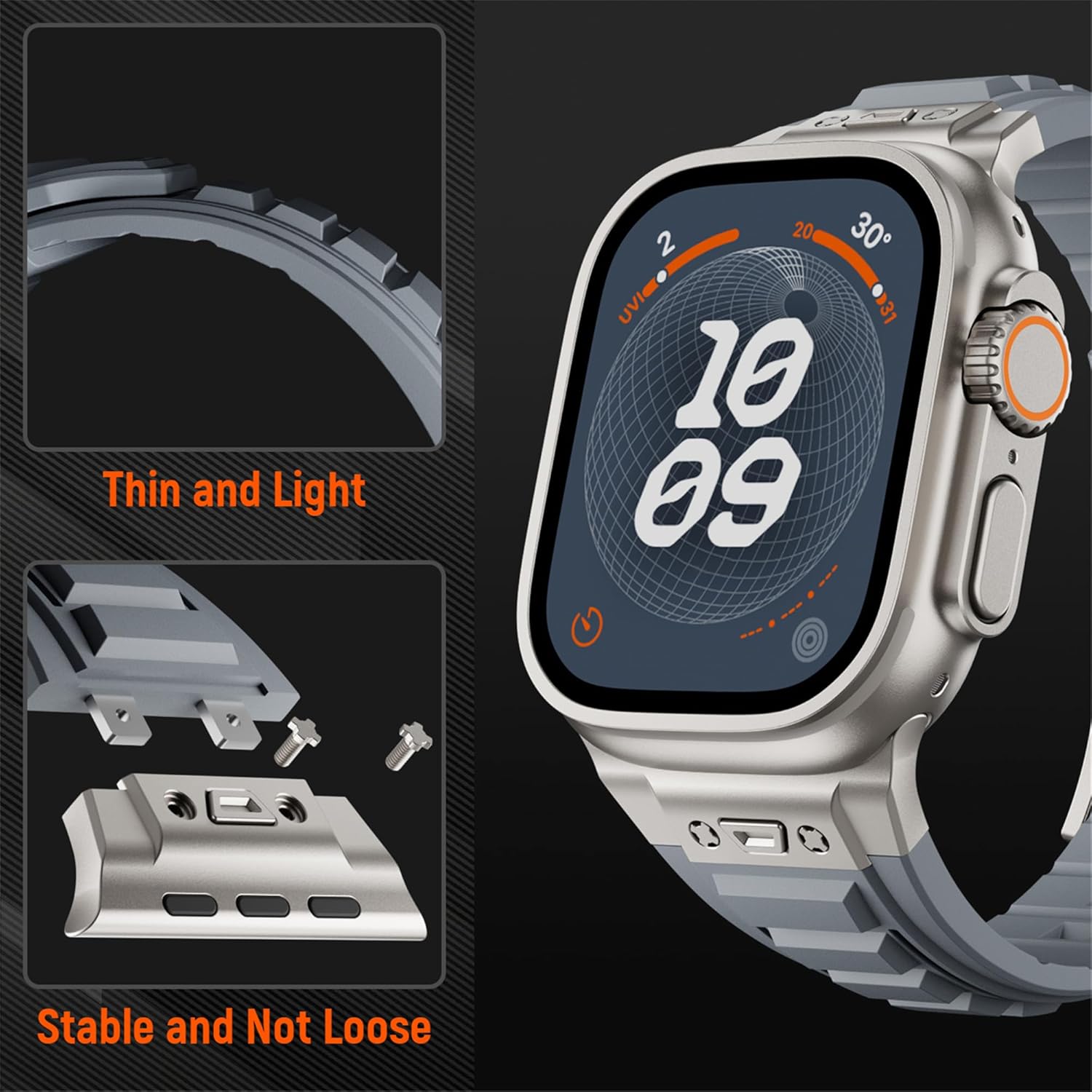 Sport Band for Apple Watch Ultra 3 2 Band 49mm 46mm 45mm 44mm, Men Tactics Rugged Silicone Rubber Waterproof Strap with Stainless Steel Metal for iWatch Series 11 10 9 8 7 6 5 4 SE 3 2 1 - Image 3