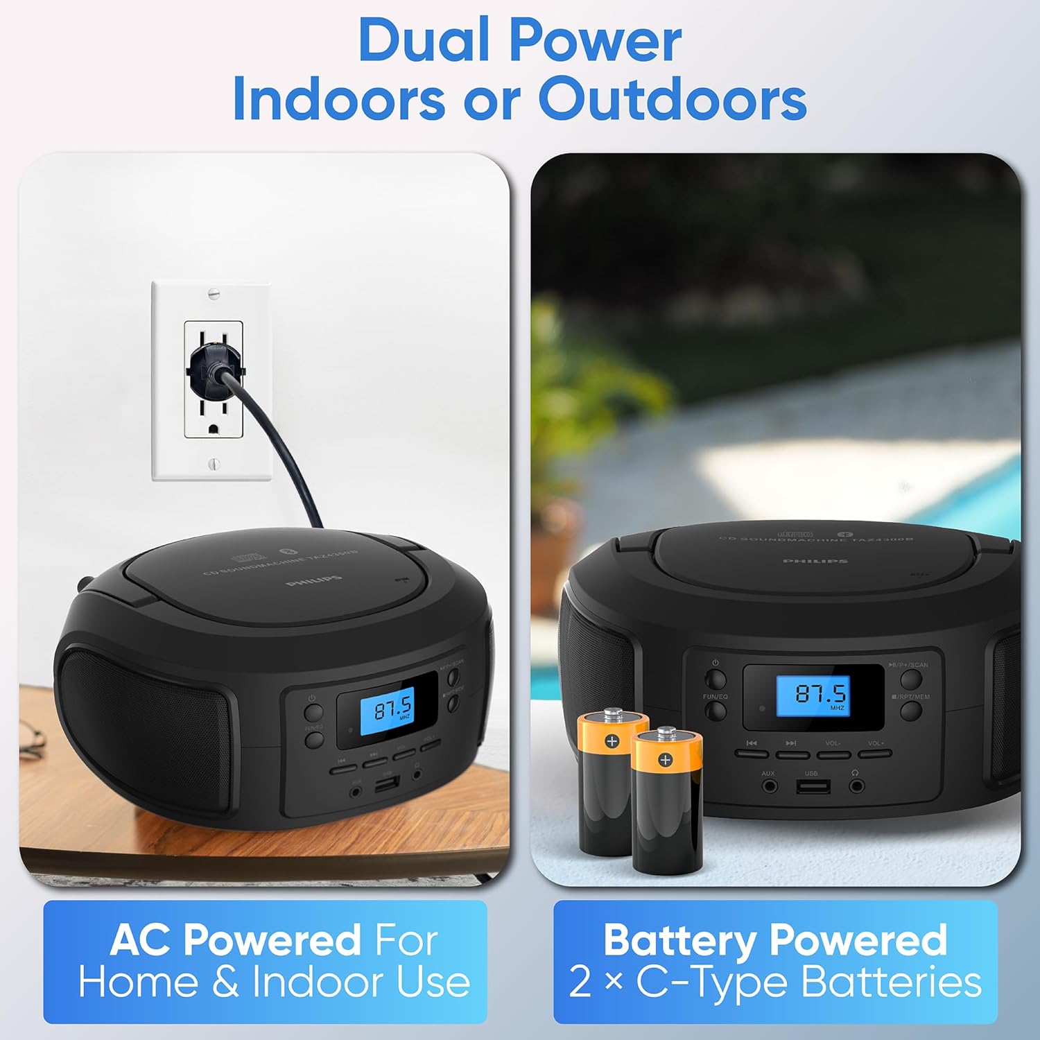 Philips TAZ4300 showing AC power and battery power options