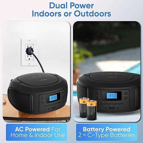 Miniatura 8 de Philips Reproductor de CD portátil con Bluetooth, caja de CD de carga superior con radio FM, puerto USB y entrada auxiliar, diseño compacto y