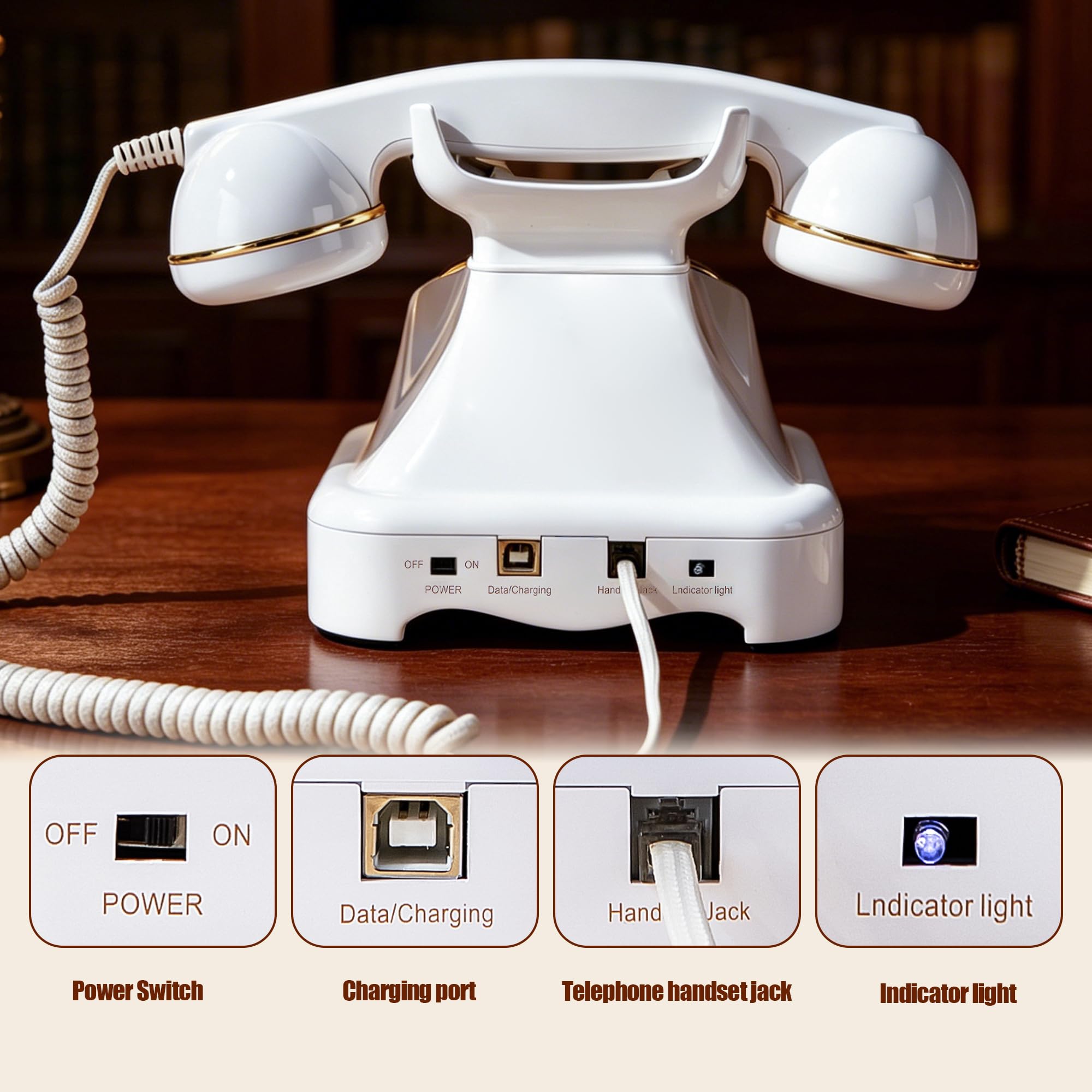 Telefono Bluetooth retrò, classico telefono fisso Bluetooth con vivavoce e ricaricabile USB, chiamate in vivavoce e riproduzione di musica per casa, ufficio, soggiorno, comodino (grande