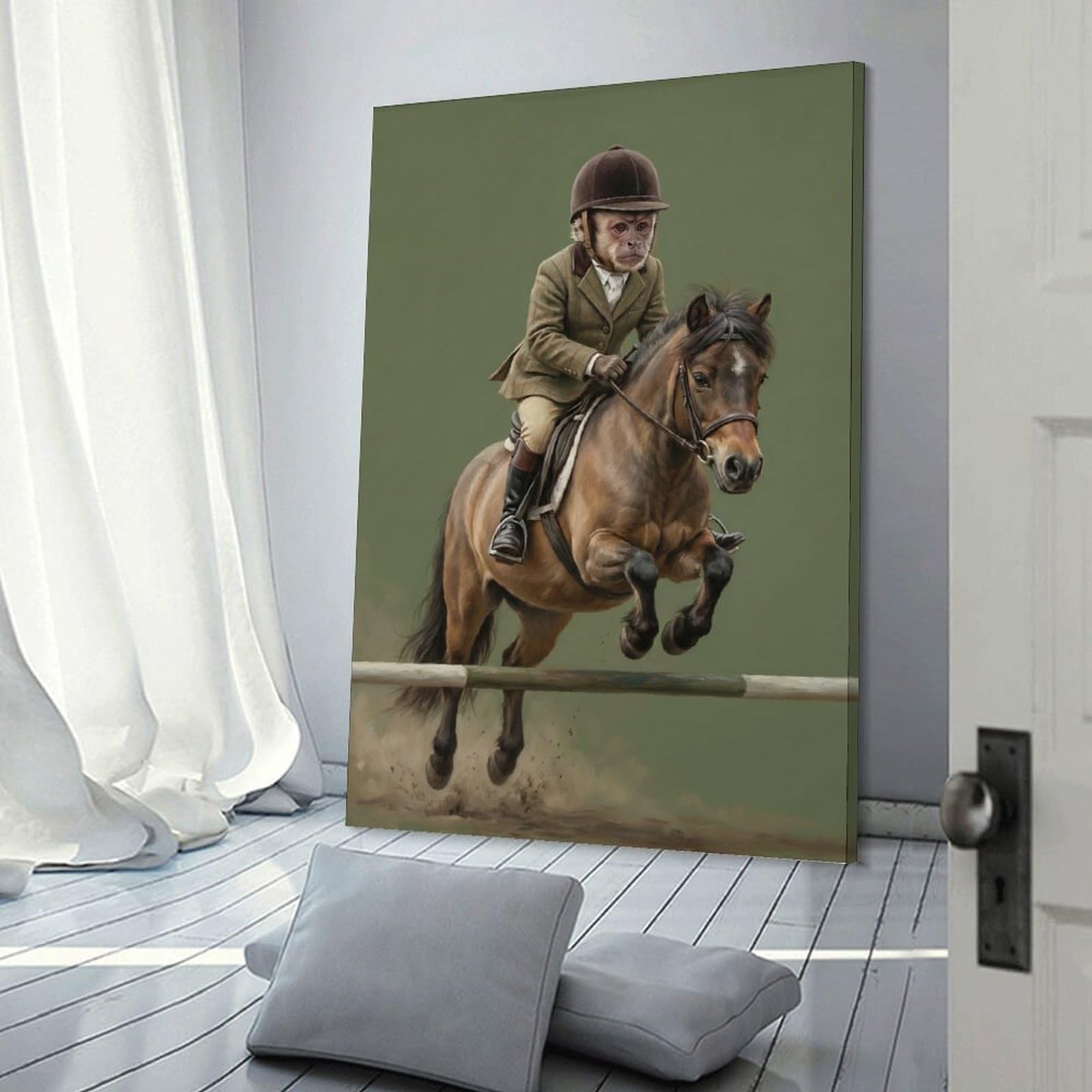 Junmoney Canvas Wall Picture Monkey Rider Jumps Horse, 20x30inch(50x75cm), for Sofa Walls, Lounge Or Home Corners, Canvas Styling for A Polished Room Look