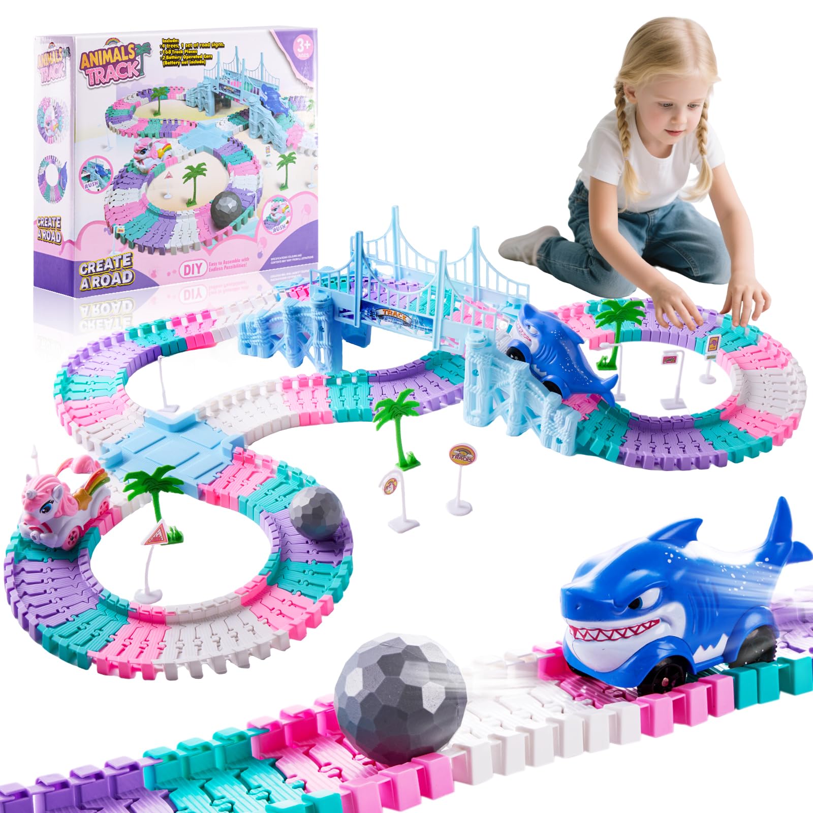 Flexible Race Track Toy for Kids, 194 PCS Flexible Bendable Racetrack with Race Car & Rolling Ball, DIY Build Track Set, STEM Construction Car Track Toy for Boys & Girls, Birthday Gift (Unicorn)
