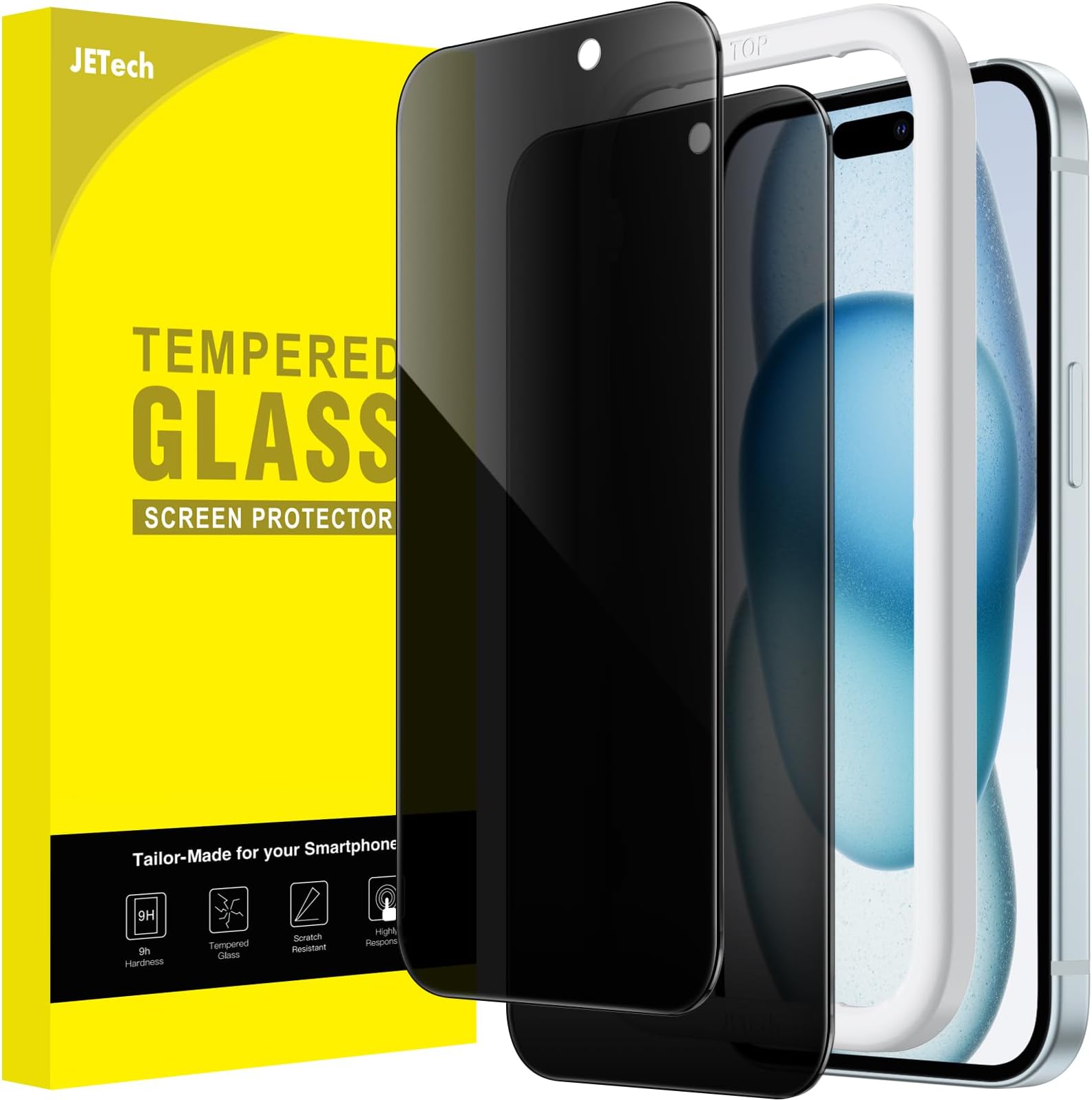 – JETech Privacy Screen Protector for iPhone 15 Plus 6.7-Inch, Anti-Spy Tempered Glass Film with Easy Installation Tool, 2-Pack
