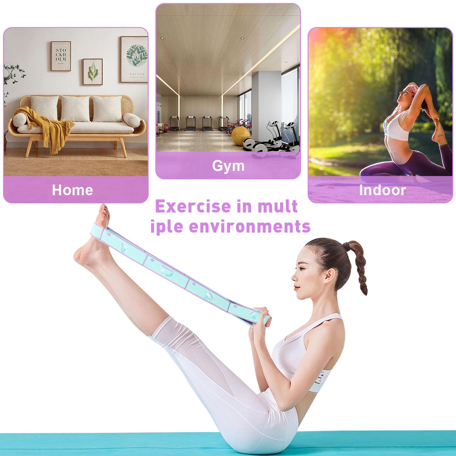 2 Fasce Elastiche Con 8 Anelli Per Yoga E Pilates – Misto Poliestere-cotone, Larghezza 4 Cm, Lunghezza 90 Cm, Con Guida Alle Posizioni