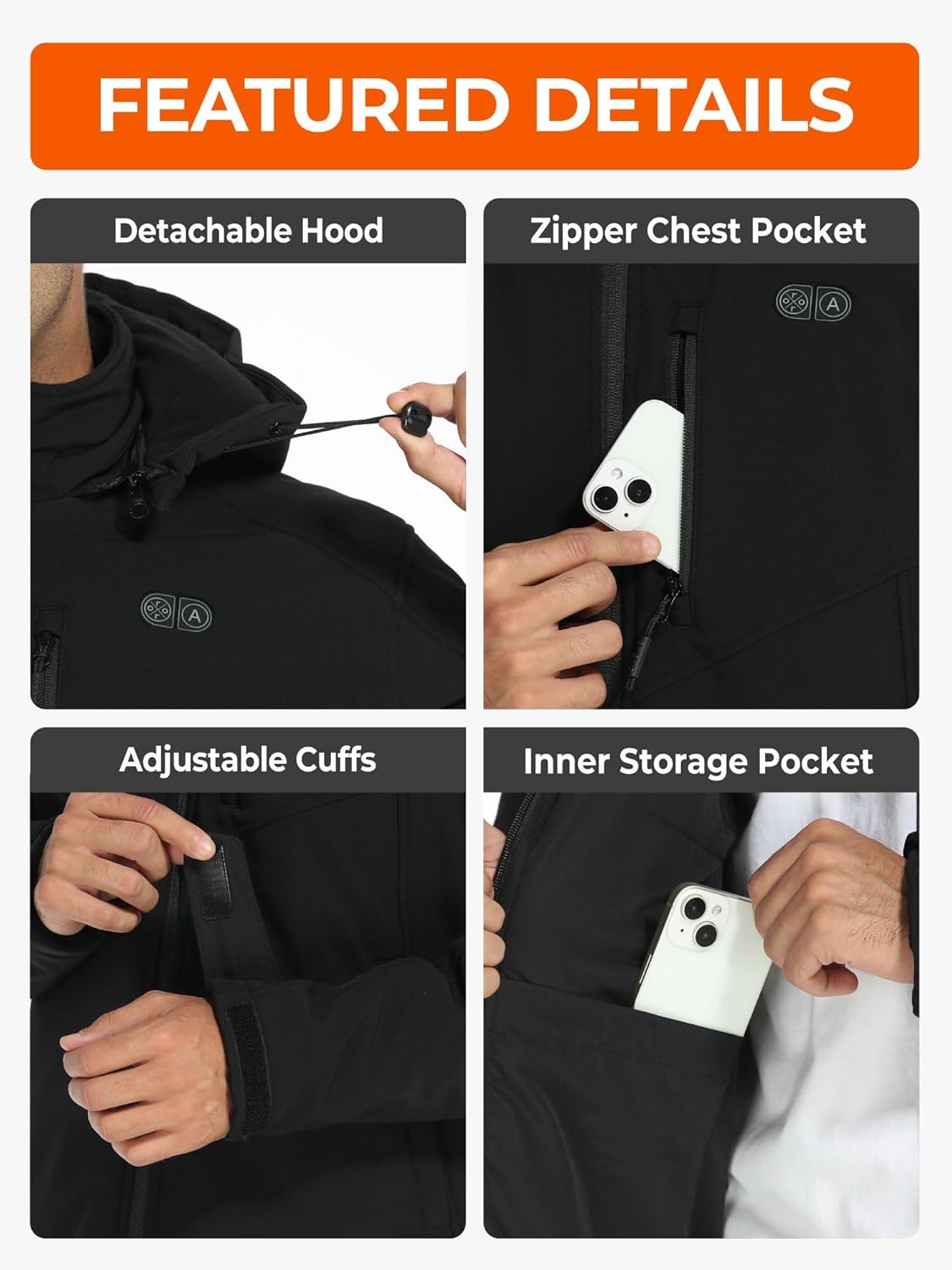 ORORO Men's 5 Heat Zones Dual Control Heated Jacket, Heated Coat with USB-C Rechargeable Battery - Image 7
