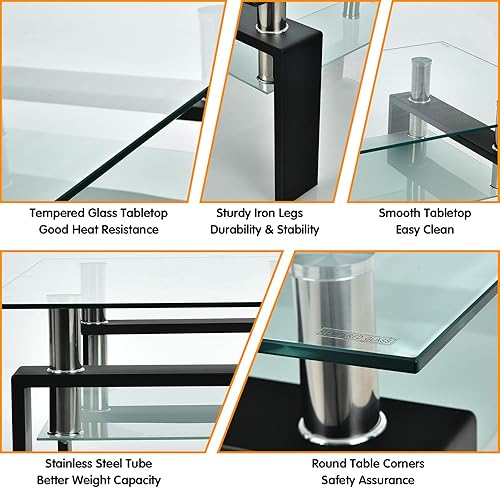 Miniatura 9 de Tangkula Mesa auxiliar rectangular de cristal, mesa auxiliar moderna con estante inferior, mesa de vidrio templado y patas de metal, adecuada para