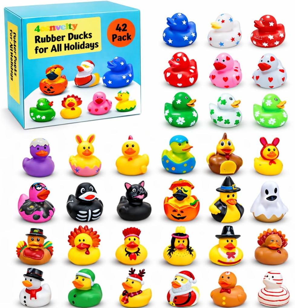 4E's Novelty Rubber Ducks for All Holidays, Bulk Pack of 42 - Includes 6 of Each Holiday, Patriotic July 4 Ducks, Halloween Ducks, Bath Toys for Kids, Gift for Jeep Owners, Jeep Ducking