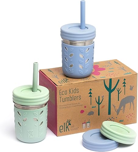 Elk and Friends Vasos para beber de acero inoxidable de 10 onzas para niños y niños pequeños, los frascos Mason originales con tapas, fundas +