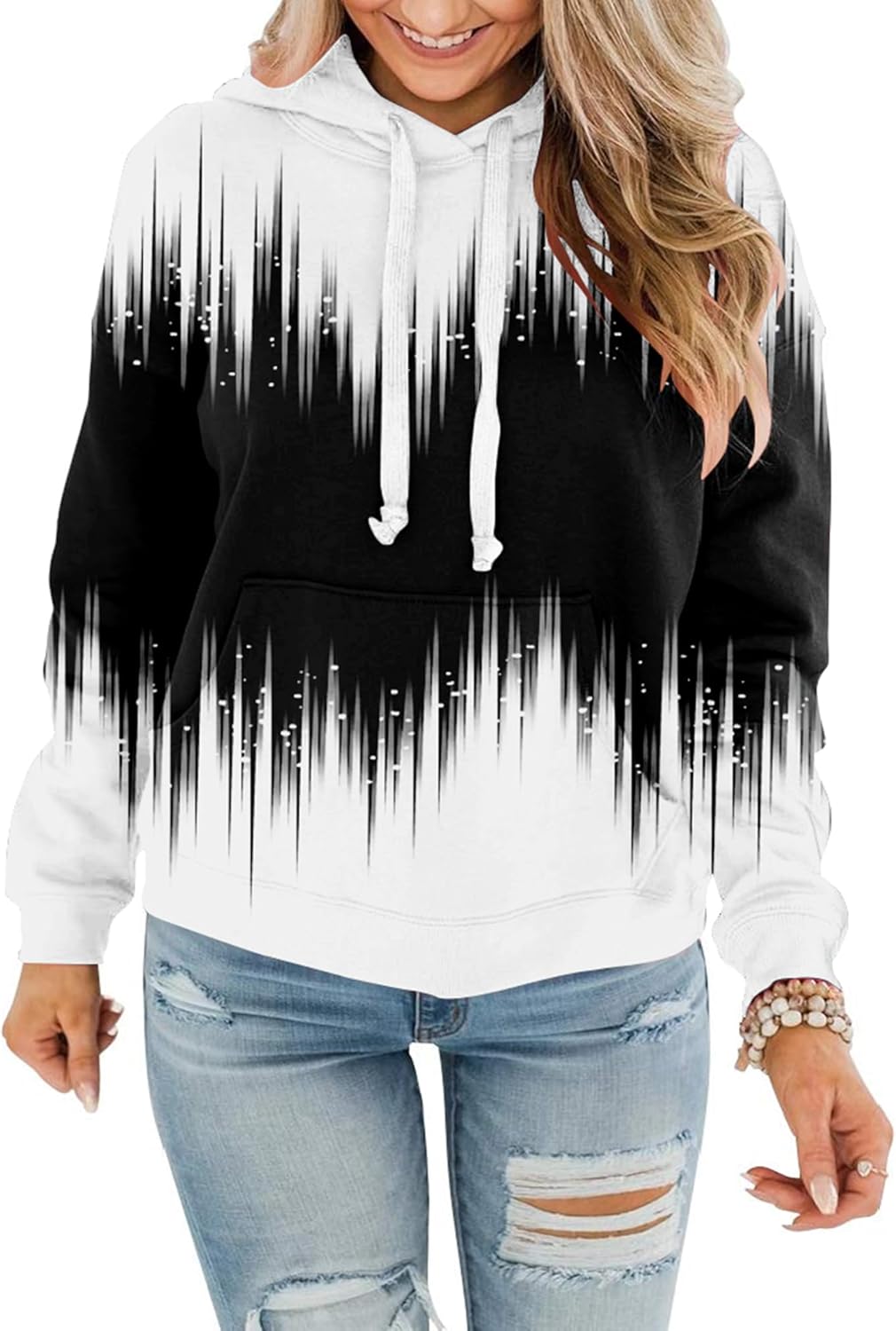 BeadChica Women’s Casual Hoodies Crew Neck Long Sleeve Sweatshirt With Pocket Lightweight Pullover Top-Stripe-M