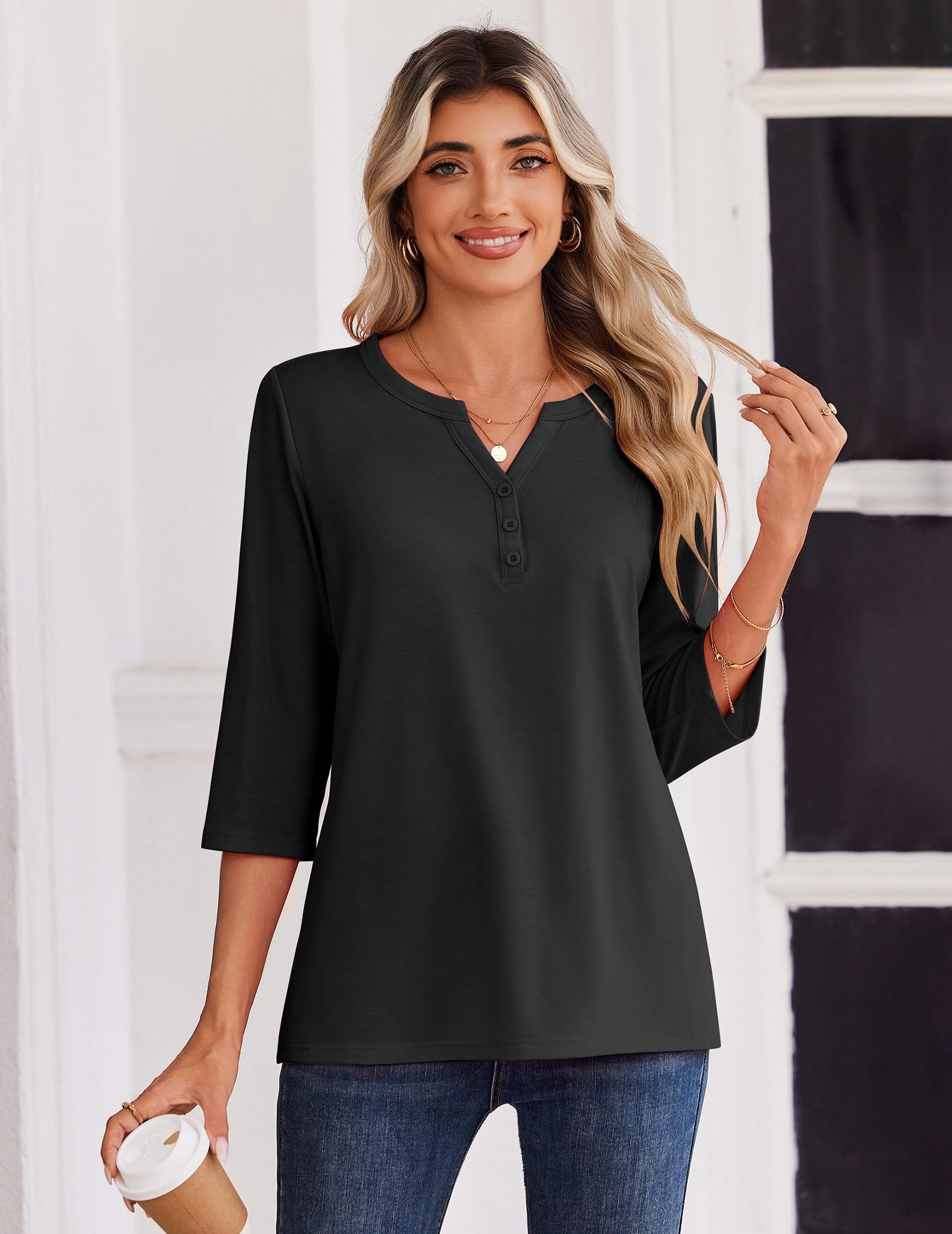Zeagoo Tshirt Damen 3/4 Arm Shirt V-Ausschnitt Elegant Oberteile Locker Basic Top Tunika Bluse Sommer mit Knöpfen S-XXL - 4