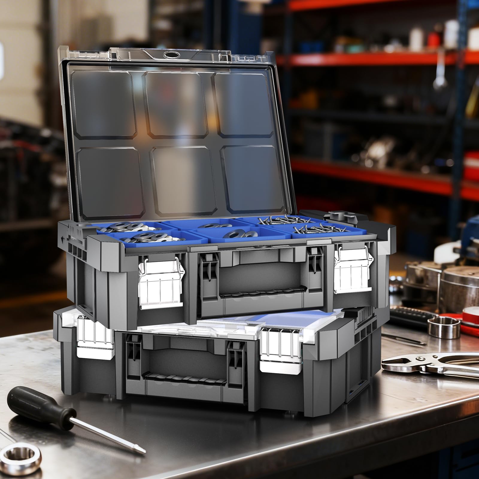 Caja Herramientas 43CM Tapa Transparente,AIRAJ Caja de Herramientas Modular,Caja Herramientas Vacia Apilable,Con 6 Cajitas Para Piezas,Para Guardar Herramientas y Accesorios Pequeños(SC1-F)