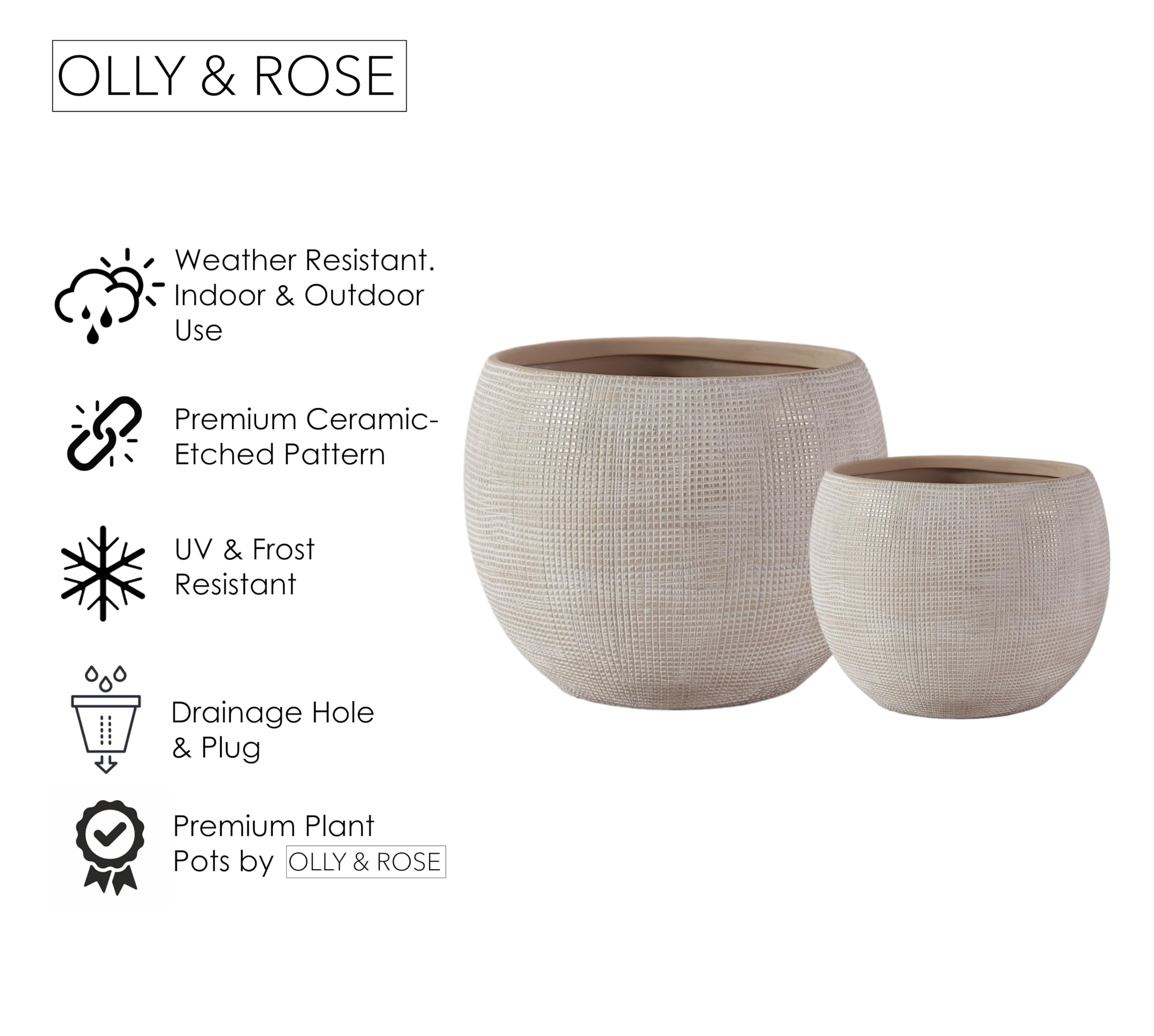 Olly & Rose Barcelona Lot de 2 pots de fleurs en céramique Beige 17 cm et 13 cm de diamètre moyen pour extérieur et intérieur – Beige – Pots de fleurs