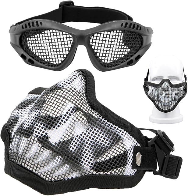 Airsoft Mask and Goggles Set,Skull Mesh Mask Half Face Protective Mask with Airsoft Eyeglasses Eye Protection with Elastic Band for Outdoor CS Game (Black)