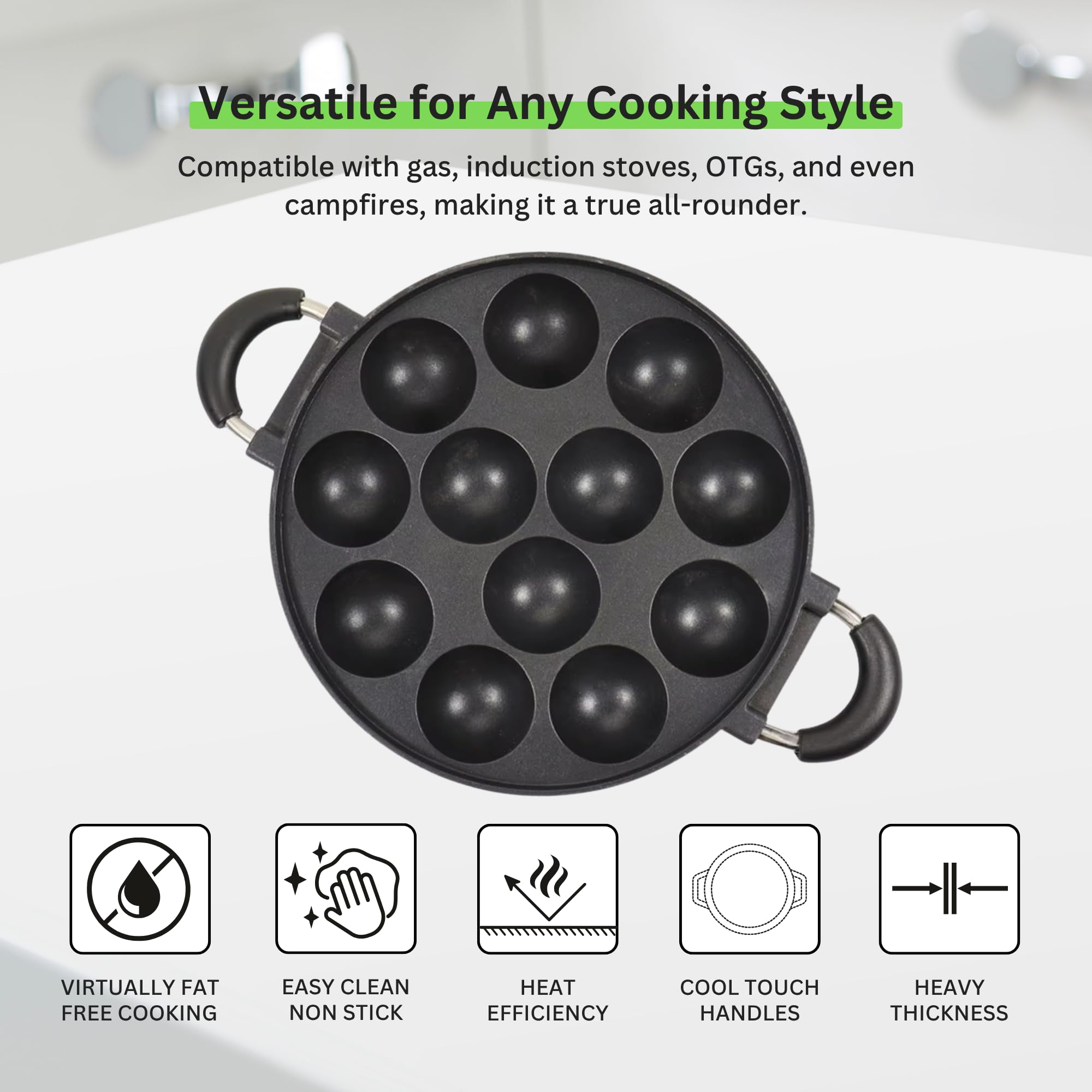 HomeEssentials Appam Pan - 12 Pit/Cup Appe Maker | Pre-Seasoned | Pan for Mini Pancakes, Litti, Potato Balls & Stuffed Snacks | Appe Paniyarakkal | Ergonomic Handle (28cm, Aluminium) (Grey) 2