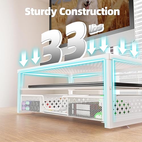 Miniatura 5 de Simple Trending Soporte elevador de monitor de metal y organizador de escritorio para computadora con cajón para laptop, computadora, iMac, blanco