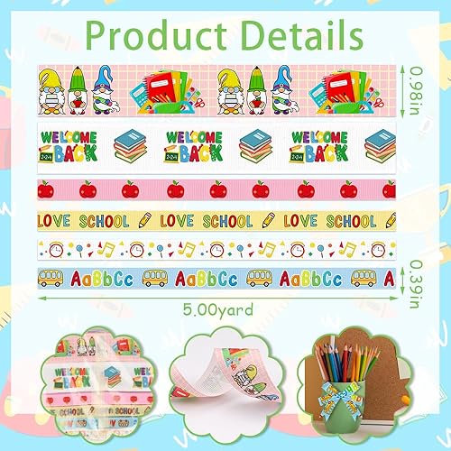 Miniatura 2 de ALIBBON 6 rollos de cinta de grogrén escolar de 30 yardas de 38 pulgadas y 1 pulgada para manualidades, decoración escolar, cintas de gnomo de