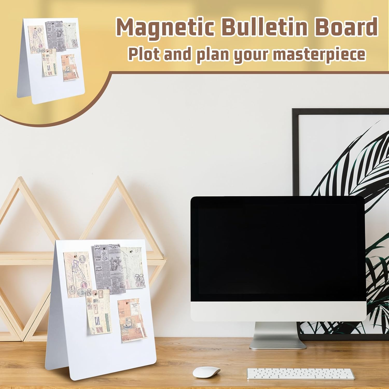 Leinuosen 1 Pcs 12 x 10 Inch Magnetic Bulletin Board Metal Magnet Board Magnet Display Stand for Tabletop Desktop Home Kitchen Office Decor (White)