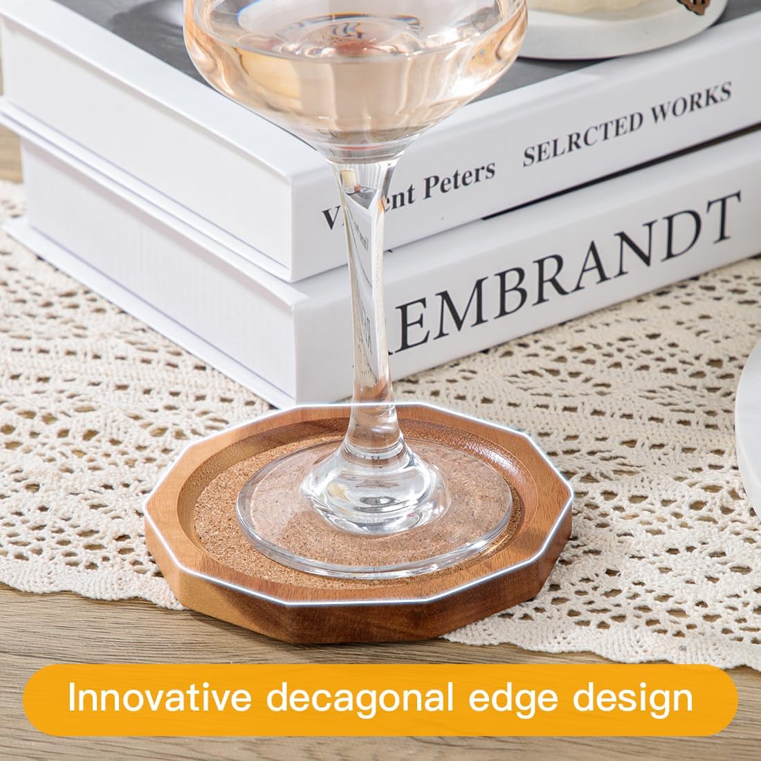 Wood Cork Coasters for Drinks Absorbent with Holder, 4.33in Decagonal Shape Acacia Wood Coaster Set Drink Coasters for Cups, Mugs, and Glasses - Handcrafted, Durable, and Stylish - Image 6
