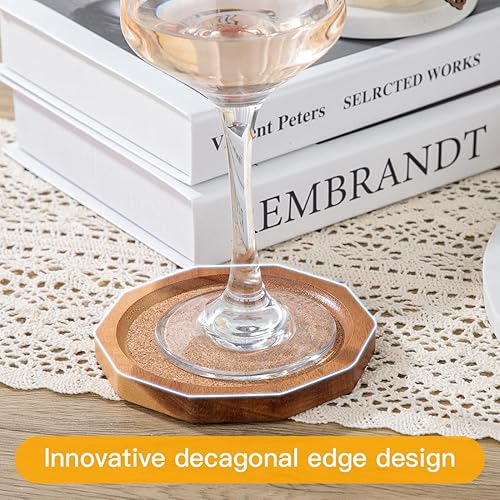 Miniatura 6 de Posavasos de madera de corcho para bebidas absorbentes con soporte, 4.33 pulgadas, forma decagonal de madera de acacia, juego de posavasos para