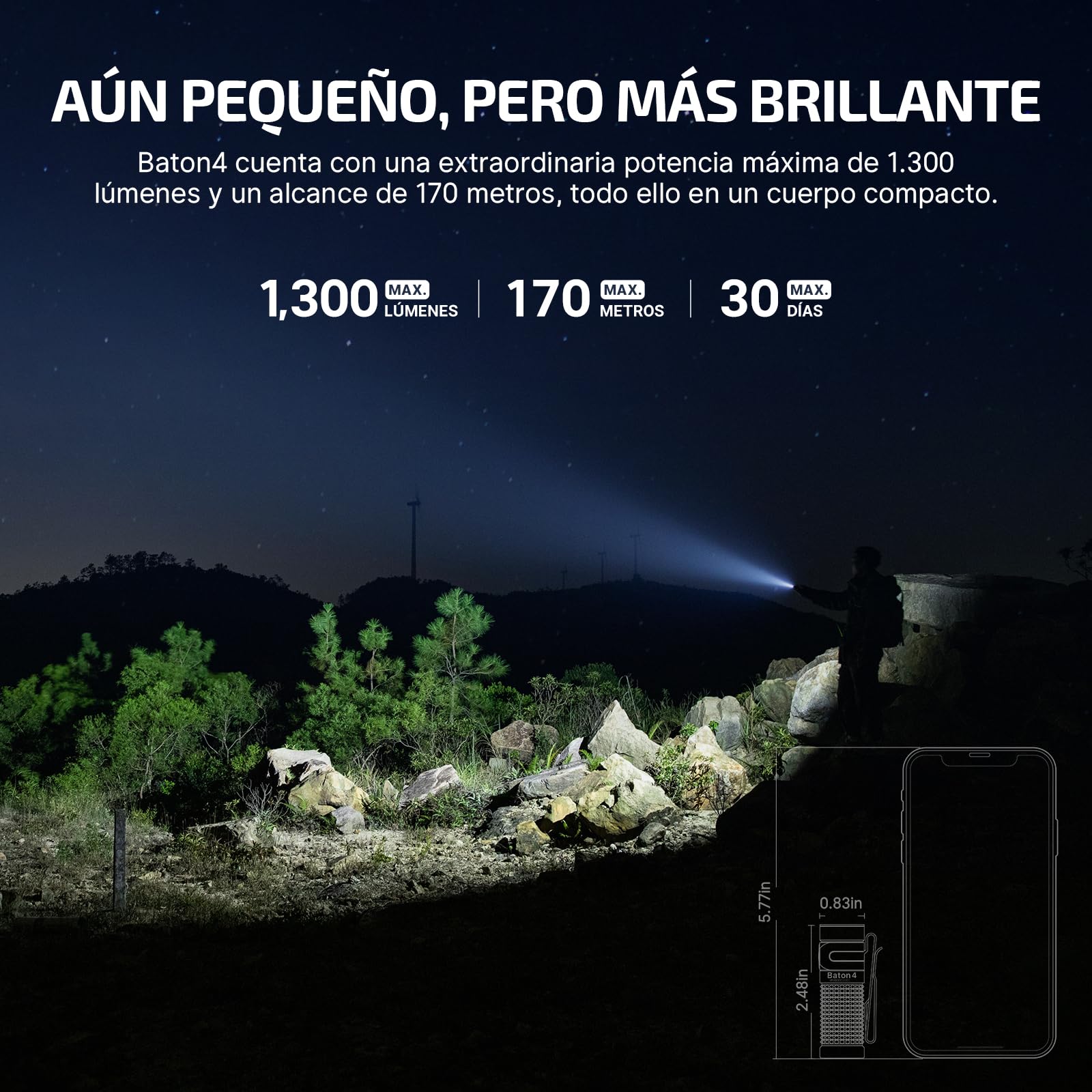 OLIGHT Baton4 kit Linterna LED Recargable Alta Potencia de 1300 Lúmenes 170 Metros Impermeable con Type-C Compatible con Baton 4/3 S1R II y Perun 2 Mini(Negro)