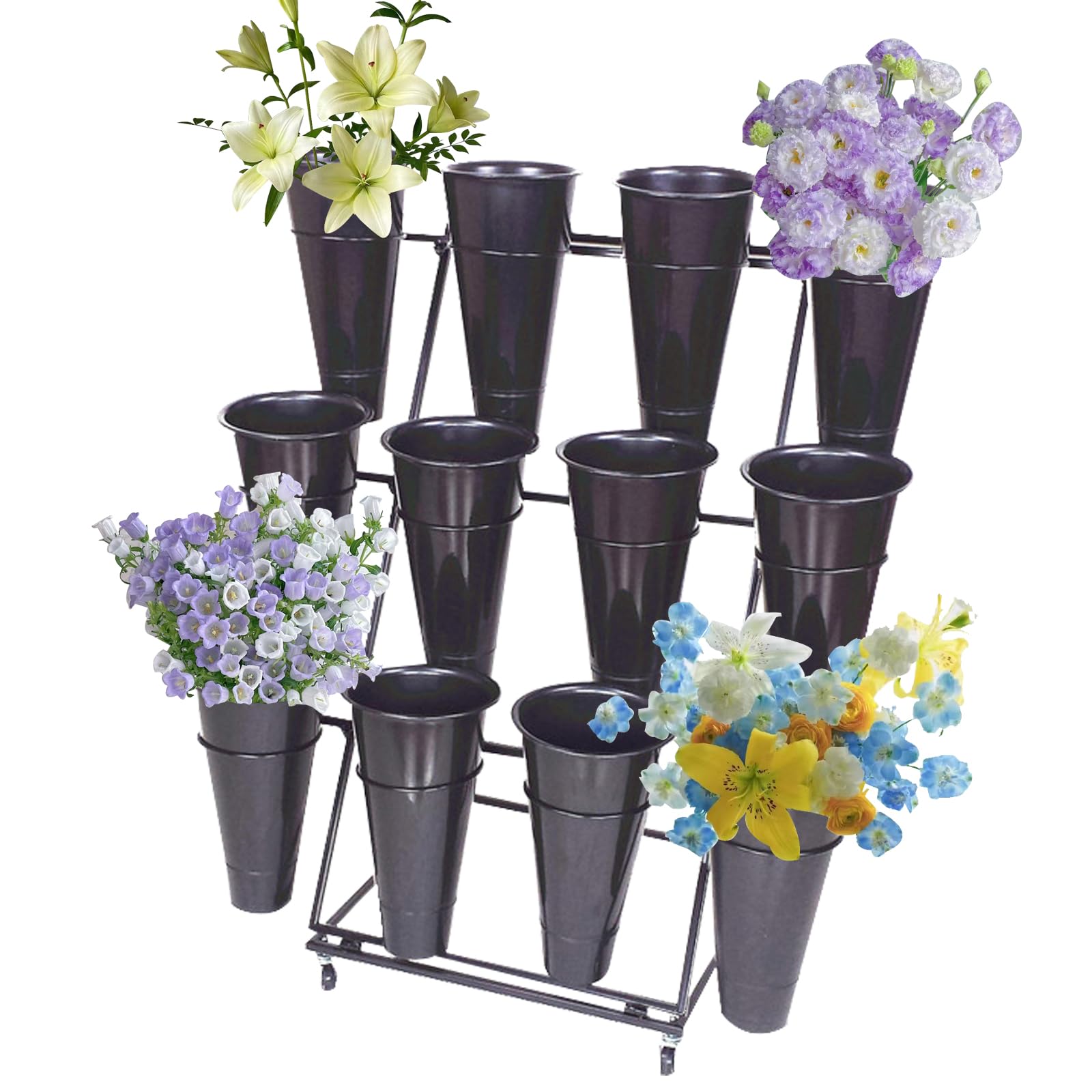 DFGHNBVC Metal Heavy Duty Moving Plant Cart With Wheels, Wrought Iron Florist Shelf For Livingroom, Garden, Indoor, Outdoor, Patio,3Tier 12 Black Bucket