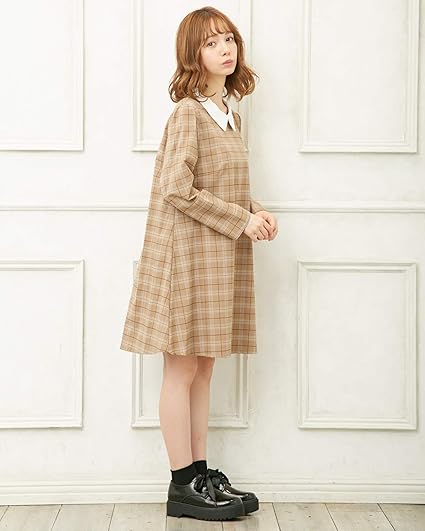 Amazon Co Jp イング Ingni 襟付チェック柄 ワンピース 1184 キャメル M 服 ファッション小物