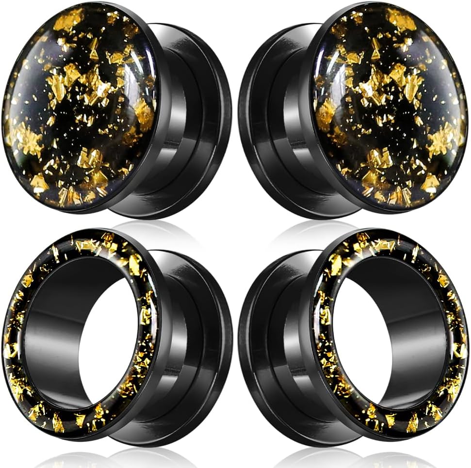 2 Pairs Delicate Gold Flake Design Ear Gauges, 2g-1inch Plugs & Tunnels for Stretched Ears, Hypoallergenic 316L Surgical Stainless Steel Piercing Gauges Earrings for Women & Men