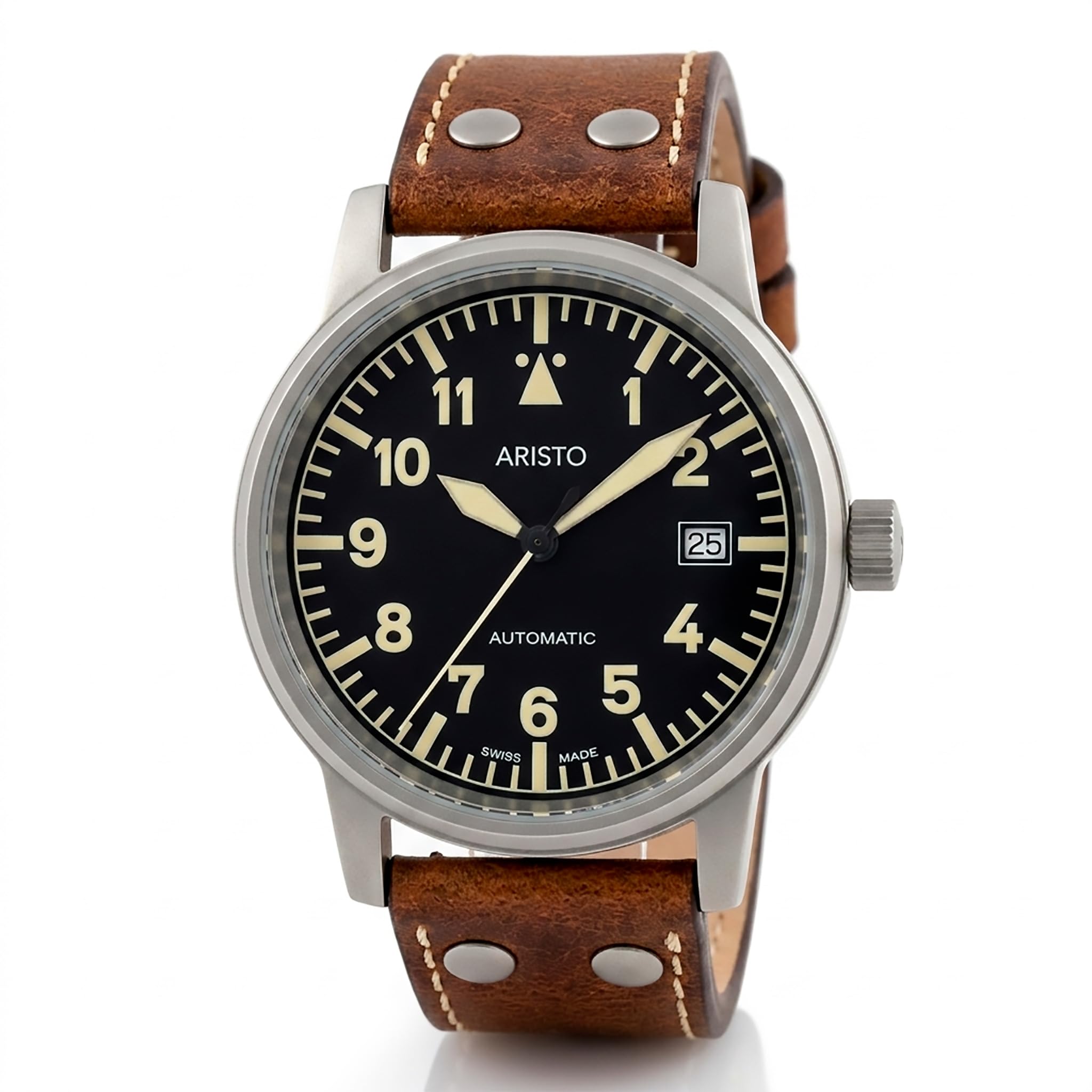 Aristo 3H100 Montre d'aviateur automatique - Montre pilote classique avec précision suisse - Boîtier robuste en acier inoxydable (Ø 38,5 mm) - Verre saphir - Chiffres et aiguilles lumineux crème