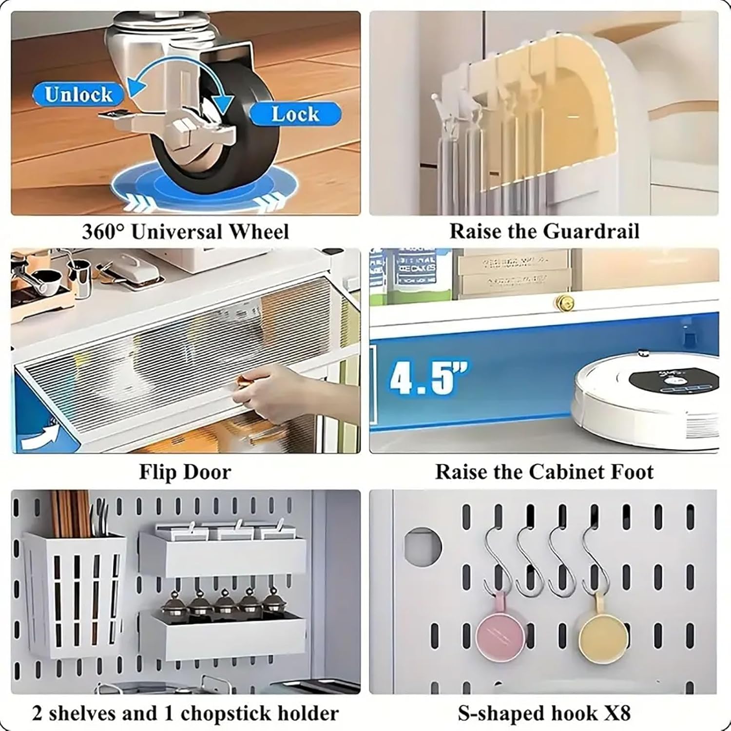 Kitchen Storage Cabinets, 63" Bakers Rack with Storage, Pantry Cabinet Microwave Stand with Wheels, Kitchen Storage Shelf Rack for Spices, Pots and Pans, White