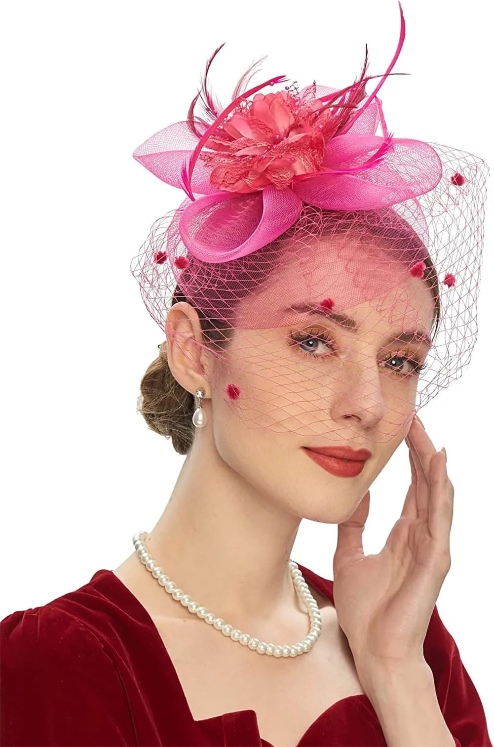 Tocado de Novia para Mujer, Diadema para Fiesta de té, Sombrero de Boda, Velo de Malla con Flores, Tocado (Rojo, Talla única)