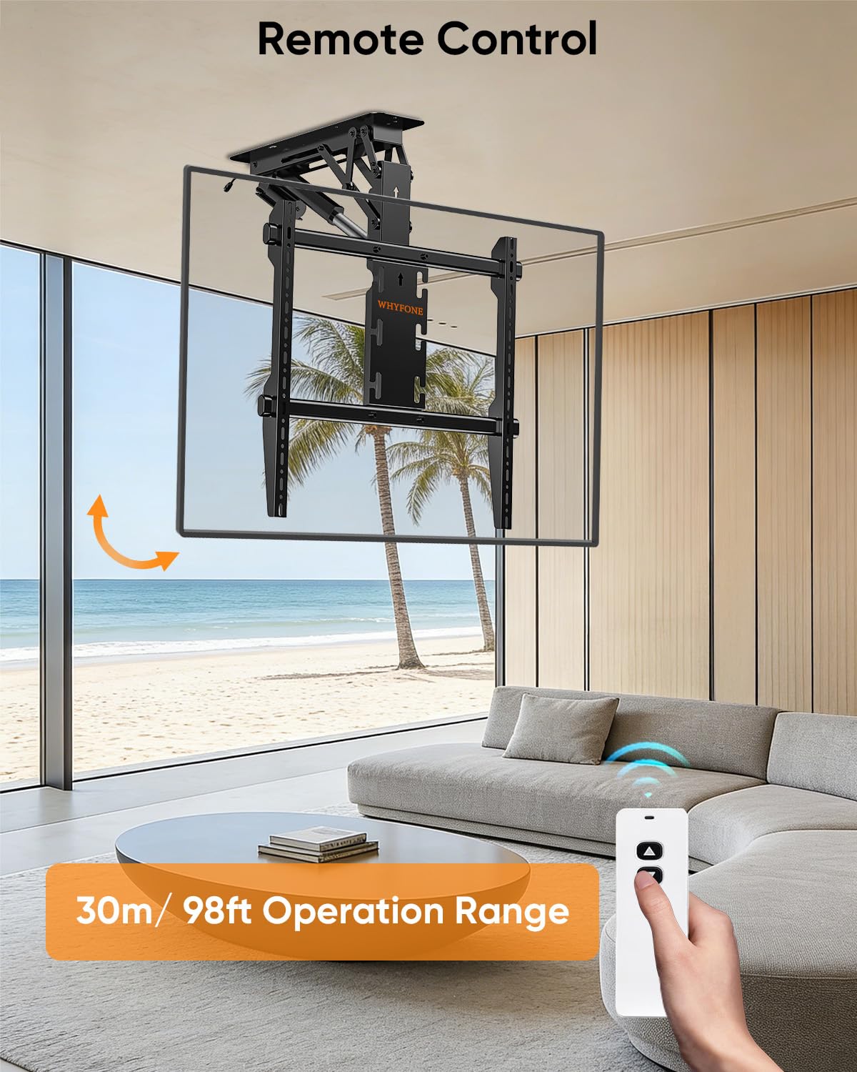 TV Deckenhalterung Elektrisch für 37-86 Zoll Fernseher bis 50kg, Motorisierte Klapphalterung TV Halterung Decke mit Fernbedienung für Flache & Geneigte Decken, max. VESA 600x600mm