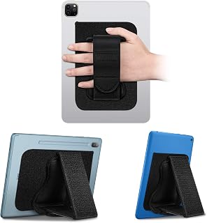 Fintie Universal Tablet Hand Strap Holder for 7-11" iPad & Galaxy Tab - Detachable Padded Grip, 360° Swivel Stand, Black