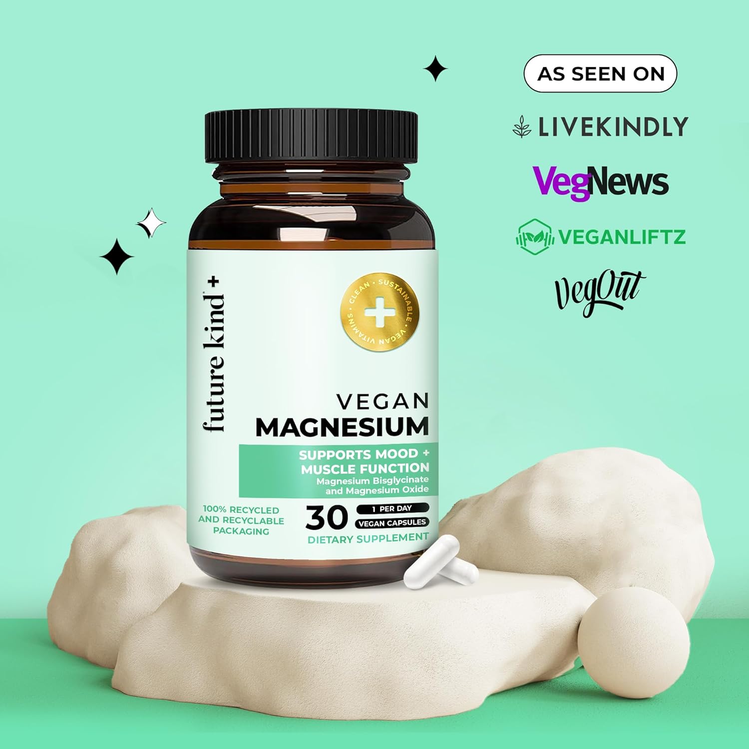 Future Kind Magnesium Glycinate, Supports Muscle and Nerve Function, High Absorption Chelated Magnesium Supplement, Nightly Calm, Energy & Metabolism, Highly Bioavailable & Potent - 30 Vegan Capsules