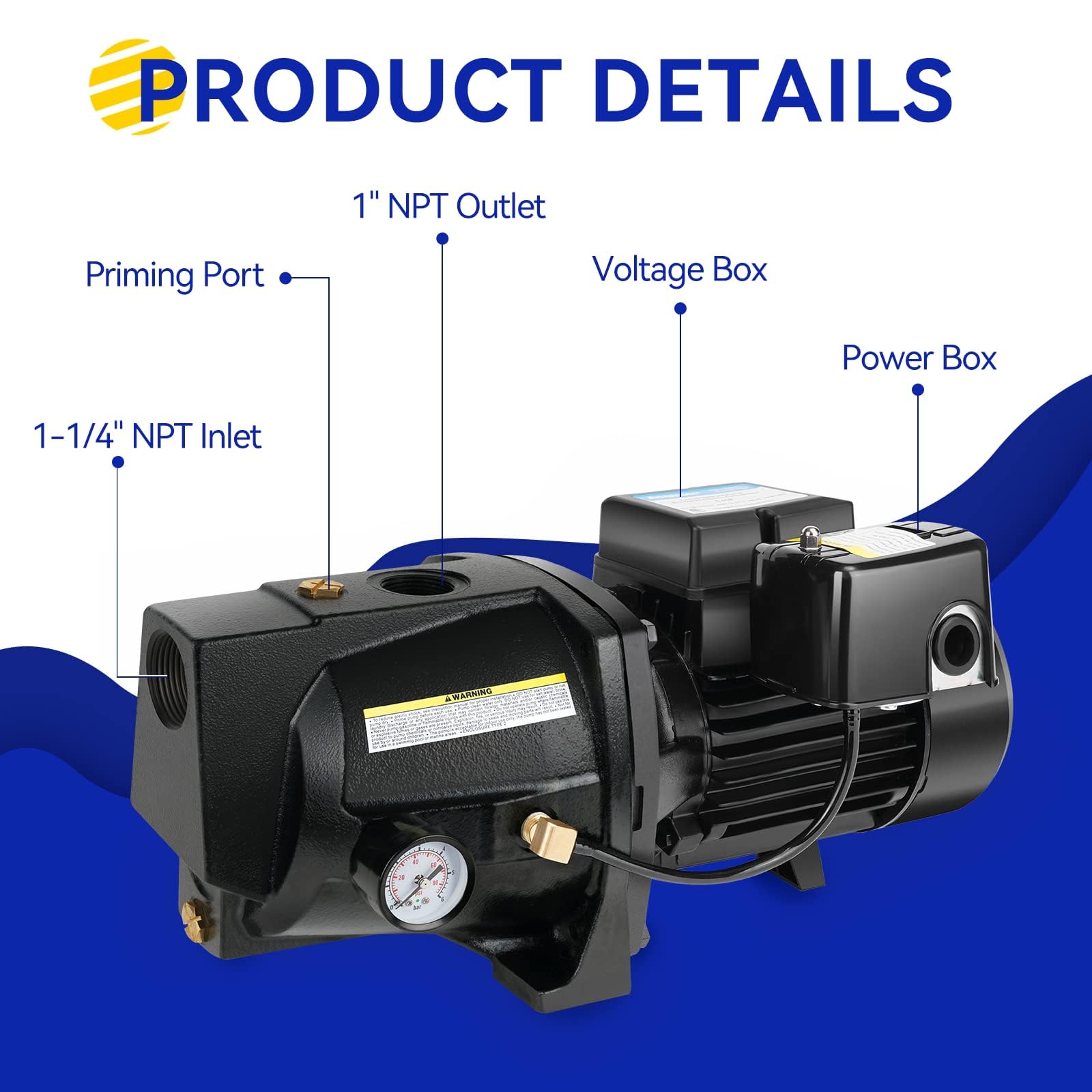 Acquaer Bomba de chorro de pozo poco profundo de 3/4 HP, hierro fundido, profundidad de pozo de hasta 25 pies, voltaje dual de 115 V/230 V, interruptor de presión automático