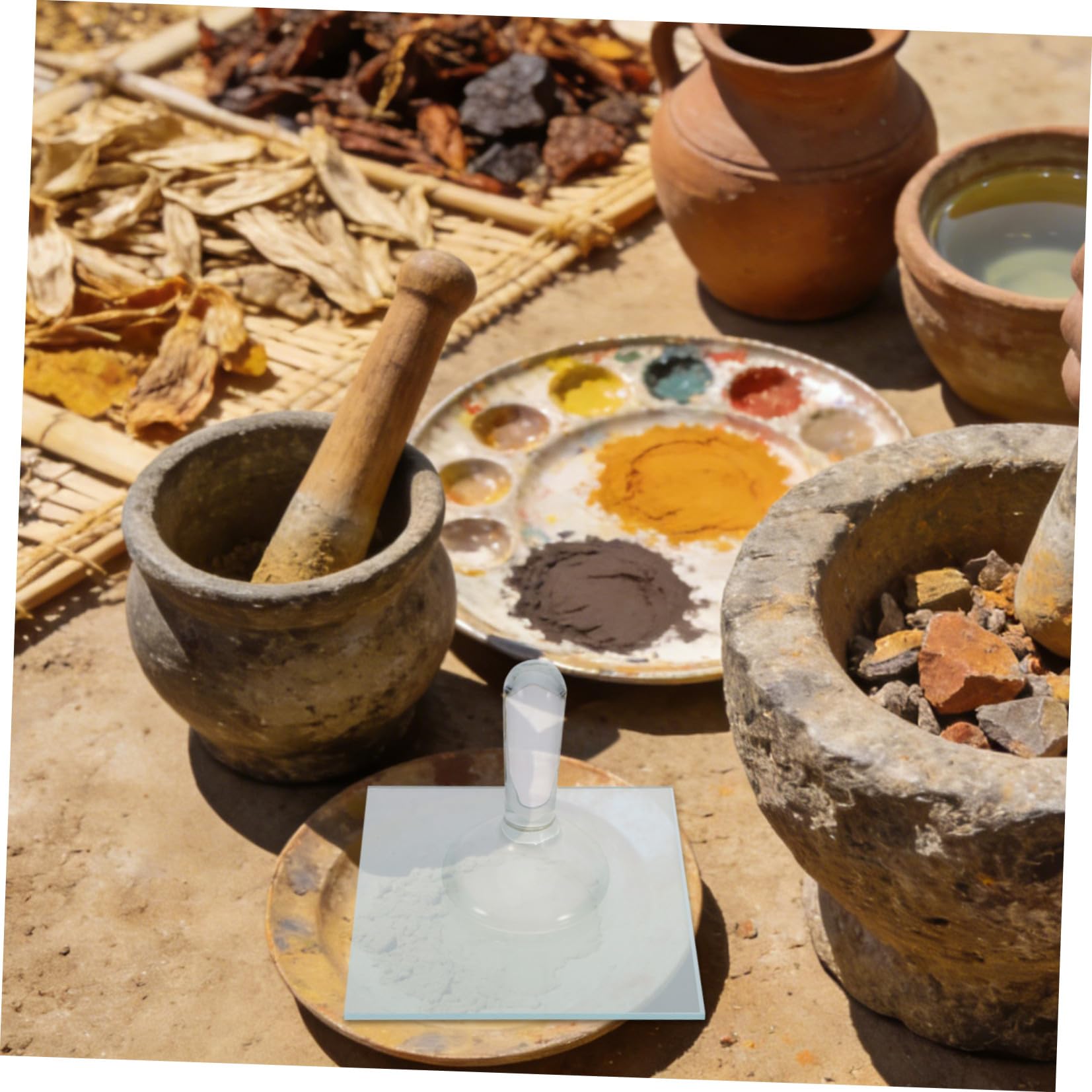 Healvian Set Pestello Leggero per Macinazione Pigmenti Minerali in Vetro e Piastra di Macinazione per Pittura a Olio e Studio per Artisti e Appassionati